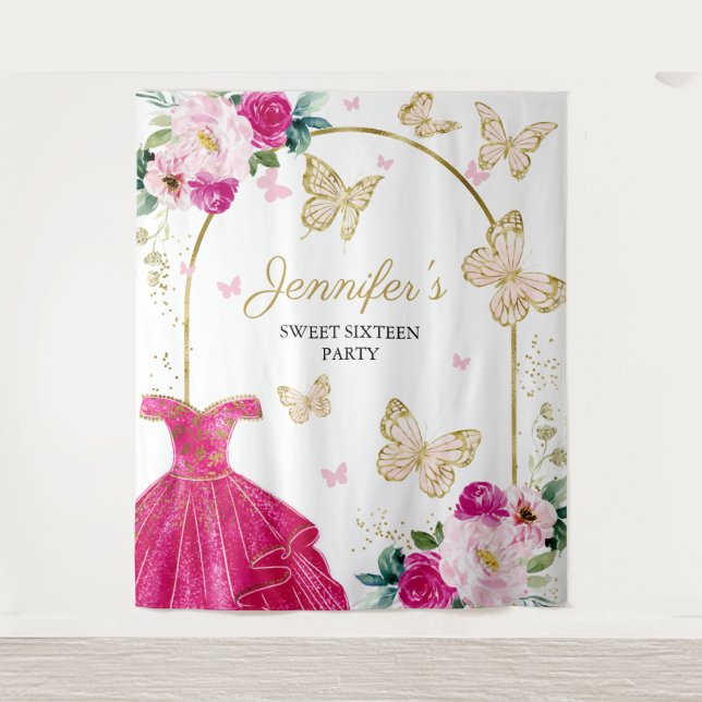 Tenture Sweet 16 Party fond - Robe Florale Papillon (Devant)