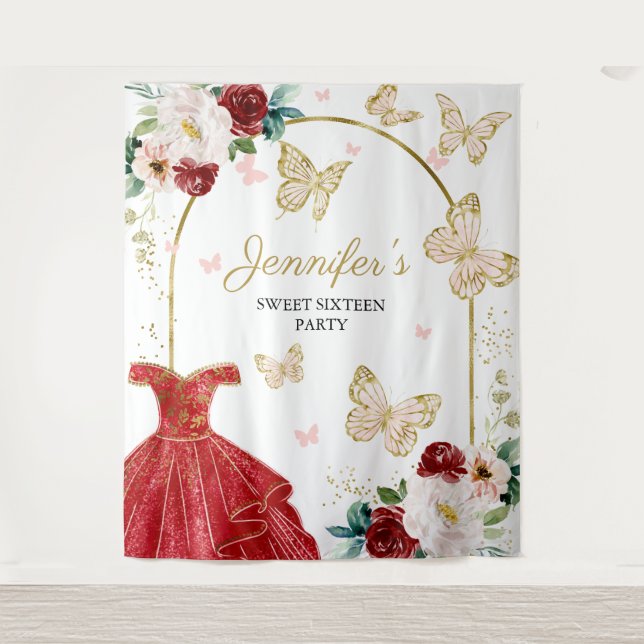 Tenture Sweet 16 Party fond - Robe Florale Papillon (Devant)