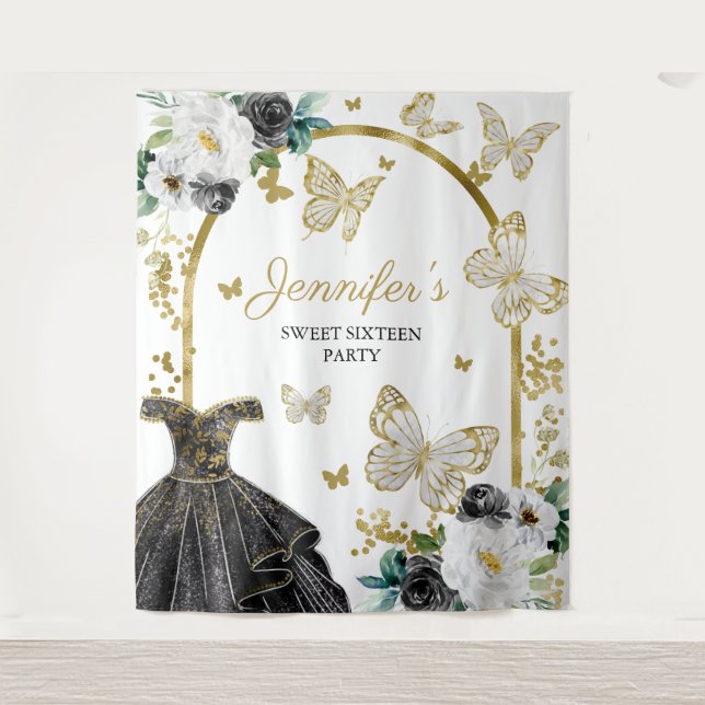 Tenture Sweet 16 Party fond - Robe Florale Papillon (Devant)