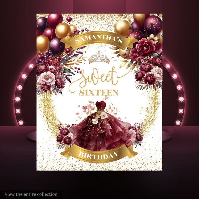 Tenture Sweet sixteen Fond Ballons Bourgogne Gold Spar (Sweet Sixteen Backdrop Burgundy Balloons Gold Sparkle)