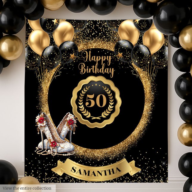 Tenture Symbole Black Gold Red Parties scintillant 50e ann (Black Gold Red Glitter 50th Birthday Party Sign)