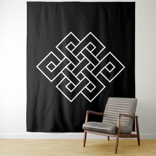 Tenture Symbole du nœud sans fin blanc sur noir (En situation)