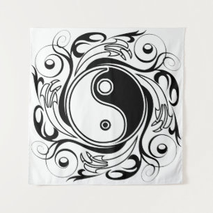 Tenture Symbole Yin et Yang Style tatouage noir et blanc