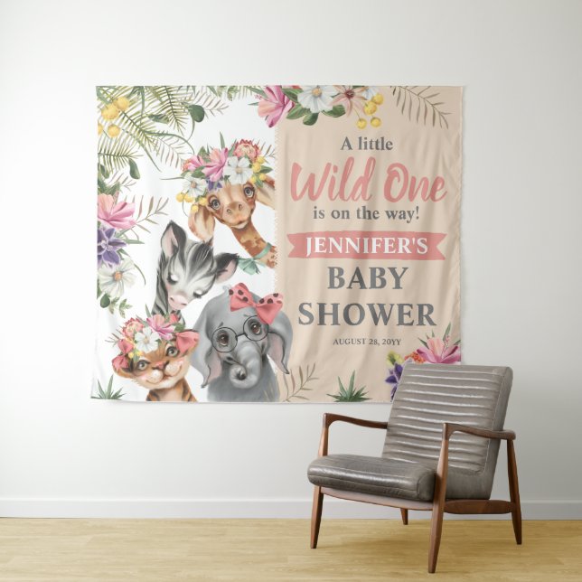 Tenture Sympa Safari Animaux Fille Baby shower Panneau de  (En situation (horizontale))