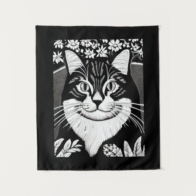 Tenture Tabby Cat entouré de fleurs (Devant)