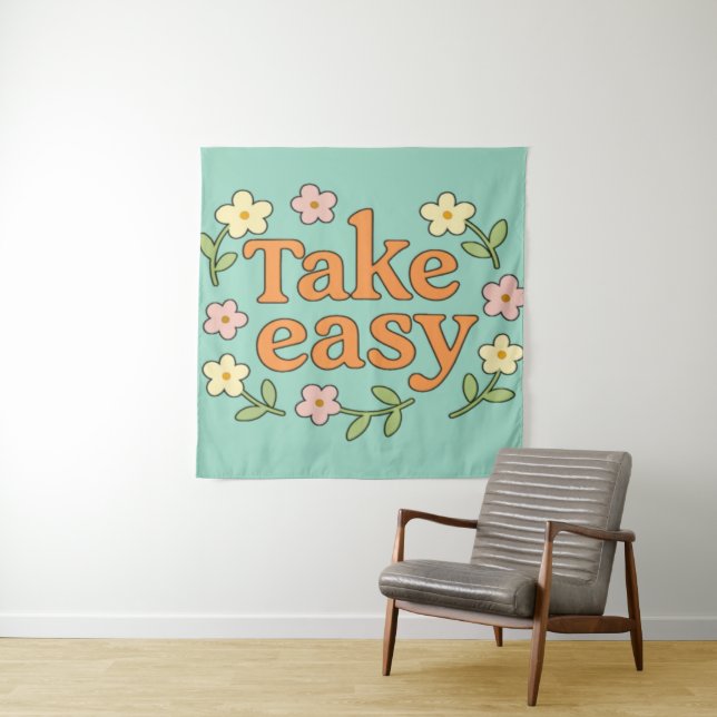 Tenture "Take Easy": Positive Retro Floral Illustration (En situation)