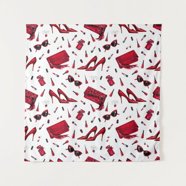 Tenture talons rouges, motif d'accessoires de mode. (Devant)