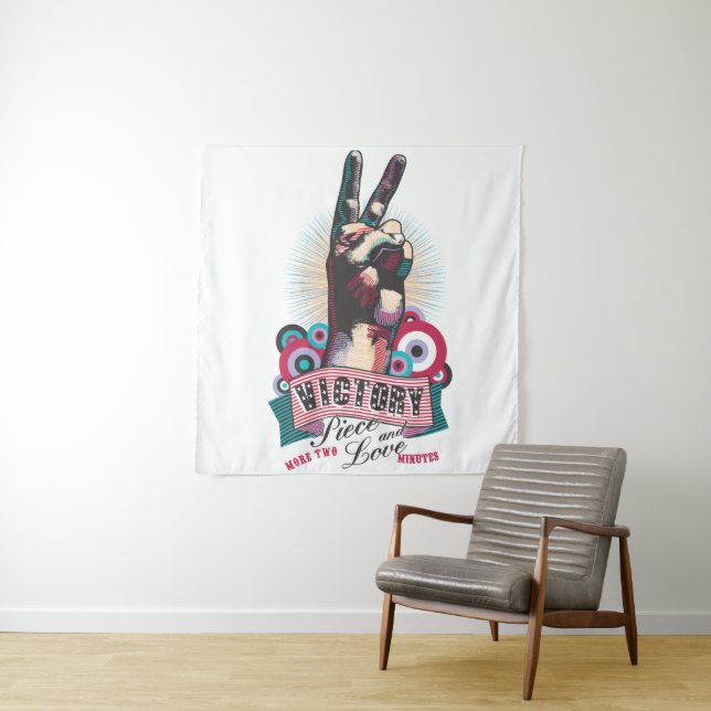 Tenture Tapestry – Victory Peace & Love Pop-Art Design (En situation)