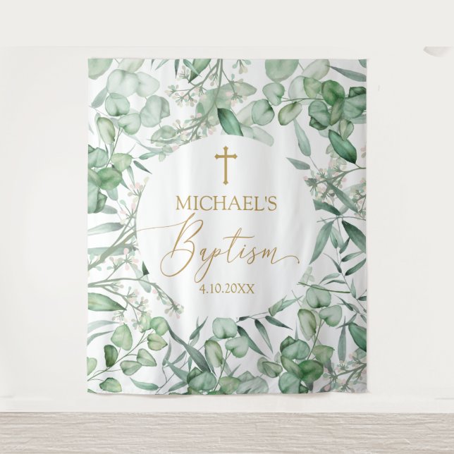 Tenture Tapiz Baptism Eucalyptus greenery backdrop banner (Devant)