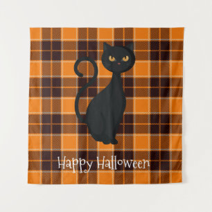 Tenture Tartan à carreaux orange et noir Chat noir Hallowe