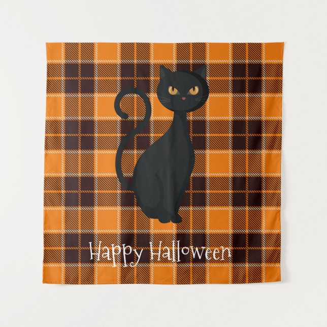 Tenture Tartan à carreaux orange et noir Chat noir Hallowe (Devant)