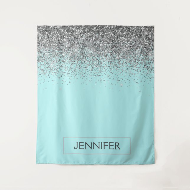 Tenture Teal Aqua Bleu Argent Paillettes Monogramme Nom (Devant)