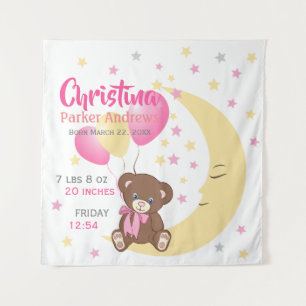 Tenture Teddy Bear assis sur la Lune Baby Birth Statistiqu