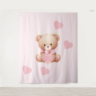 Tenture Teddy Bear Coeurs rose Tapestry fond