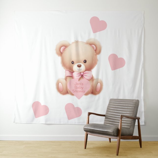 Tenture Teddy Bear Coeurs rose Tapestry fond (En situation (horizontale))