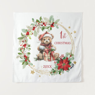 Tenture Teddy Bear Foliage Poinsettia Bébé 1er Noël