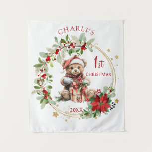 Tenture Teddy Bear Foliage Poinsettia Bébé 1er Noël