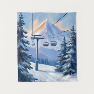 Tenture Télésiège Montagne Hiver Aquarelle Ski