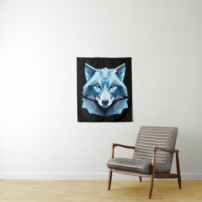 Tenture Tête de loup géométrique bleue (En situation)