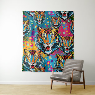 Tenture Tête de tigre couleurs arc-en-ciel peinture taches