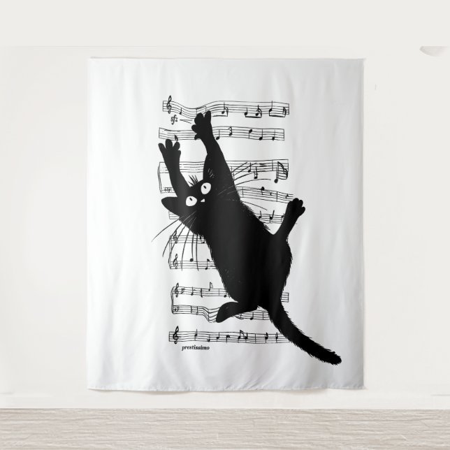 Tenture The cat hangs on musical notes (Devant)