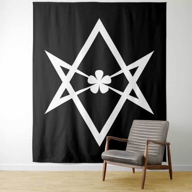 Tenture Thelema Hexagramme Unicursal Solide Blanc sur Fond (En situation)