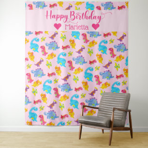 Tenture Thème d'anniversaire de dinosaure rose coloré pour