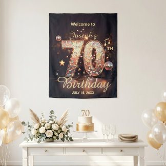 Tenture Thème musical boule disco dorée pour 70e anniversa