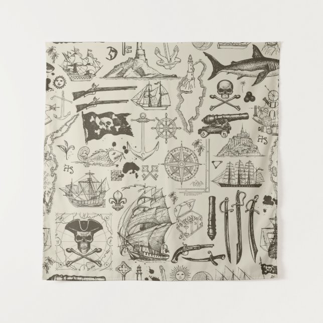 Tenture Thème pirate : motif nautique vintage. (Devant)