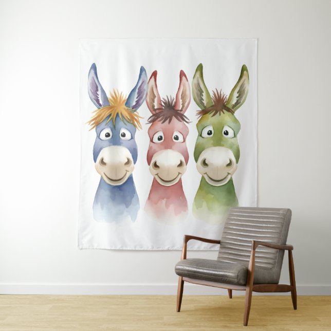 Tenture Three Colorful Cartoon Donkeys in Watercolor Style (En situation)