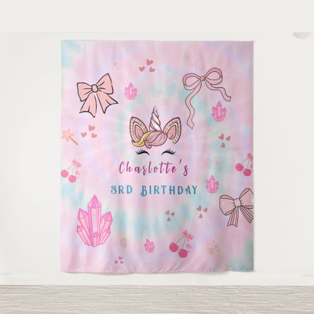 Tenture  Tie Dye Unicorn Coquette Bow Birthday Backdrop  (Devant)