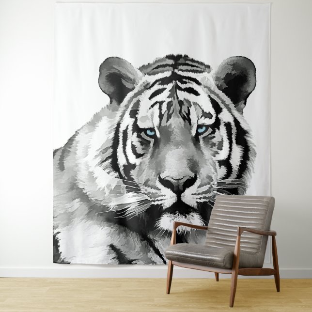 Tenture Tiger Noir et Blanc Bleu yeux (En situation)