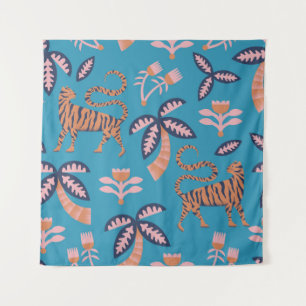 Tenture Tigre rétro, palmier, motif de fleurs
