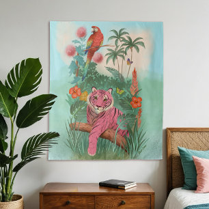 Tenture Tigre rose et perroquet dans la jungle tropicale