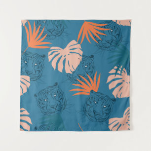 Tenture Tigres tropicaux Feuilles Bleu profond