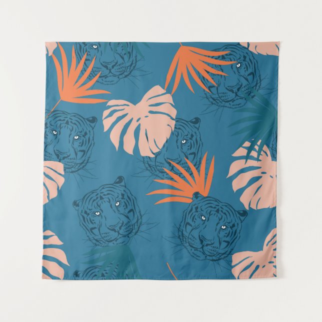 Tenture Tigres tropicaux Feuilles Bleu profond (Devant)