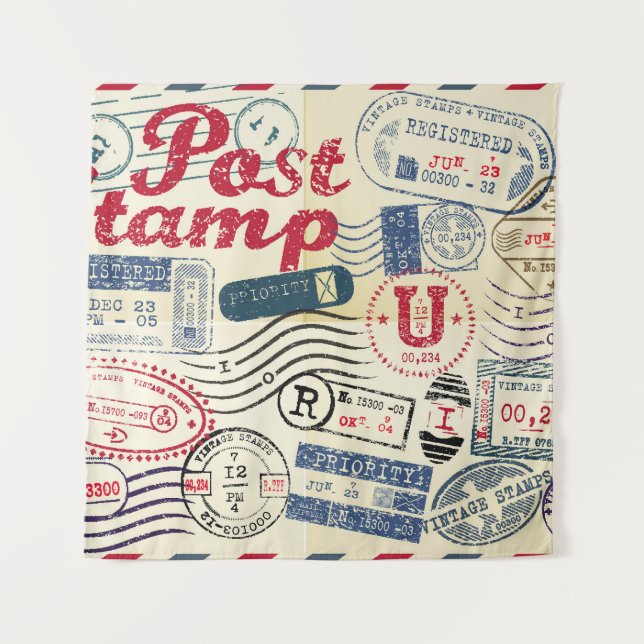 Tenture Timbres de poste rétro, collection vintage. (Devant)