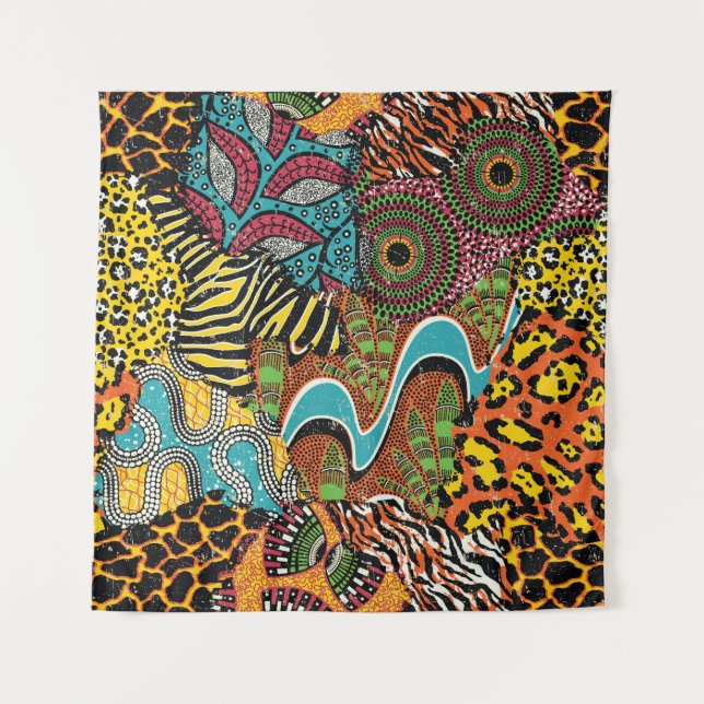 Tenture Tissu africain traditionnel et peaux d'animaux sau (Devant)