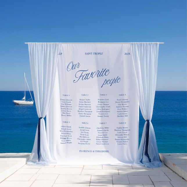 Tenture Tissu pour plan de table de mariage à motif écritu (Classic Blue Script Wedding Seating Chart Fabric Tapestry)