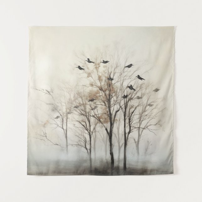 Tenture Toile Abstraite Arbres et Oiseaux (Devant)
