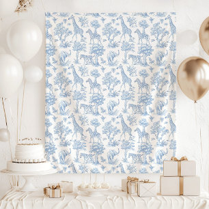 Tenture Toile de Jouy Safari animaux baby shower bleu