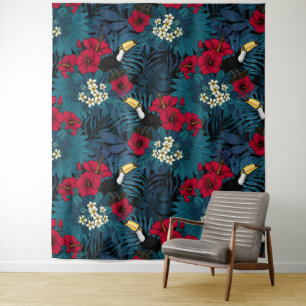 Tenture Toucans et flore tropicale, verte et rouge