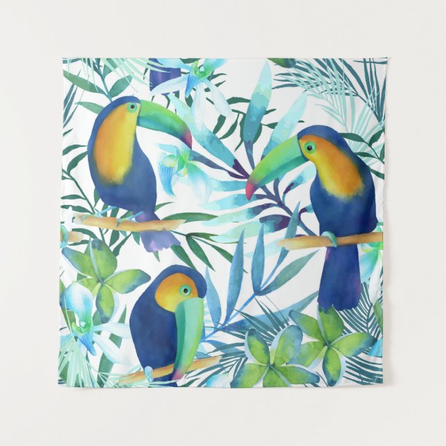 Tenture Toucans tropicaux : Motif de fleurs exotiques. (Devant)