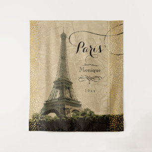 Tenture Tour Eiffel Paris Carte Vintage Points Dorés Monog