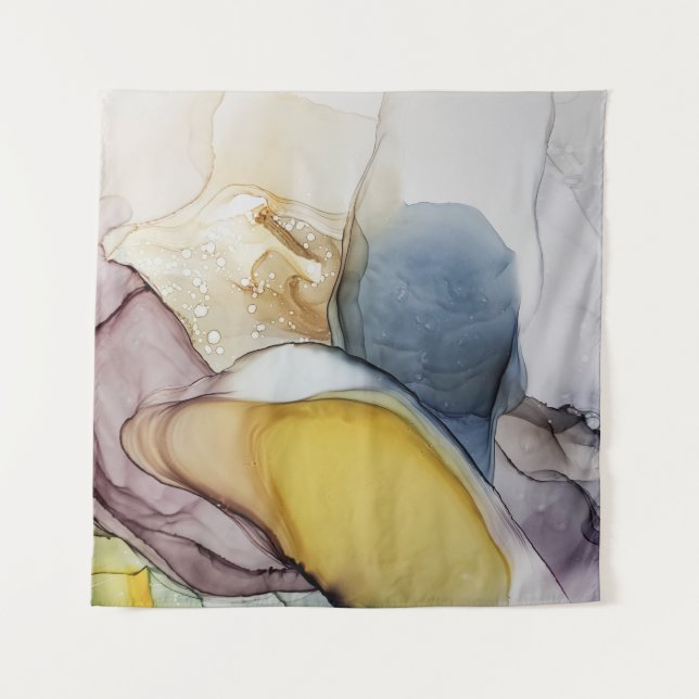 Tenture Tourbillons d'encre d'alcool, teinte jaune, abstra (Devant)