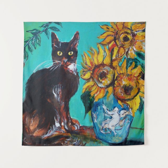 TENTURE TOURNESOLS AVEC CHAT EN BLEU TURQUOISE (Devant)