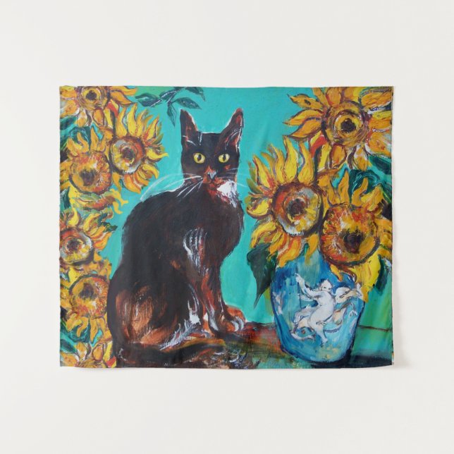 TENTURE TOURNESOLS AVEC CHAT EN BLEU TURQUOISE (Devant (Horizontal))