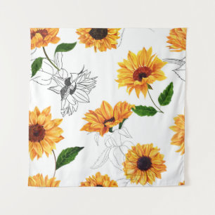 Tenture Tournesols dessinés à la main : motif jaune vif.