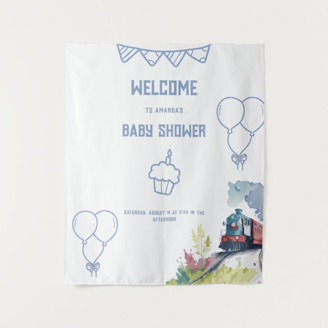 Tenture Train Blue Balloons garçon Baby shower Whimsical (Devant)