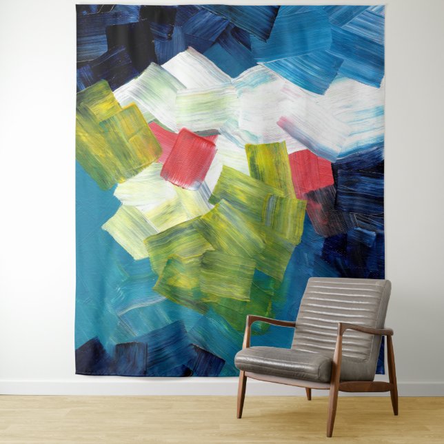 Tenture Traits de pinceau abstraits en bleu, vert et rouge (En situation)